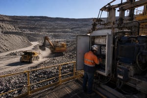 A field technician performs maintenance on an industrial motor control cabinet overlooking an active open-pit mining operation.